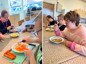 Elever som forbereder grønnsaker og elever som spiser grønnsakssuppe.