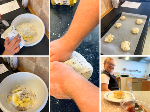 Ulike faser av baking av scones fra deig , til stekebrettet og på tallerken.